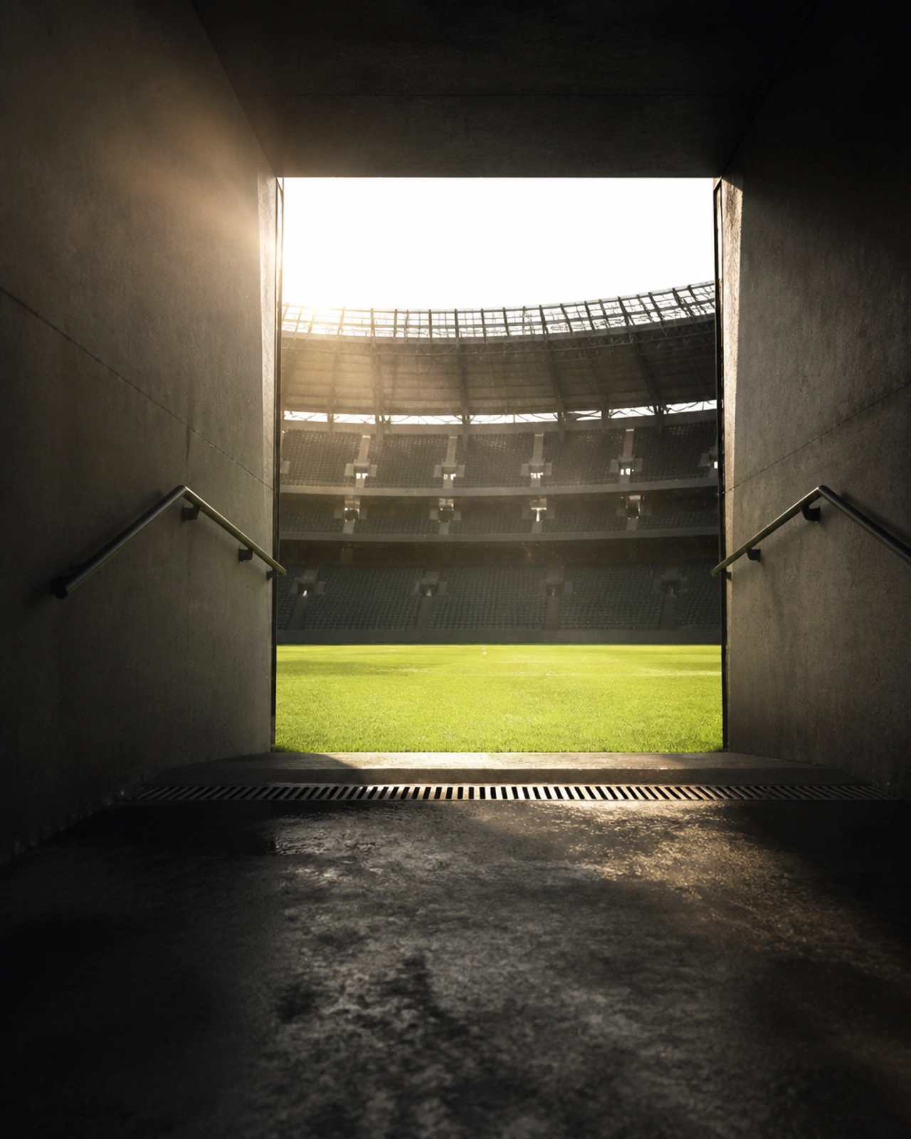 Blick aus dem Spielertunnel auf den sonnenüberfluteten Rasen vor einem Finale