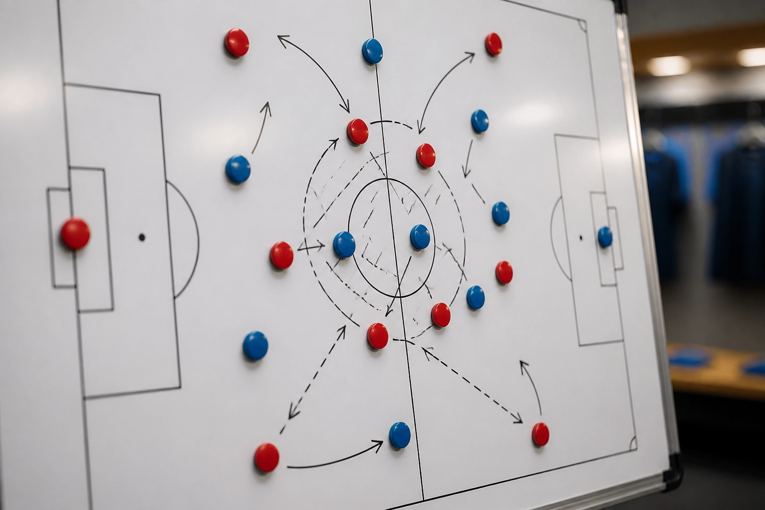 Taktiktafel in der Kabine zur Analyse der Spielsysteme von AC Milan und Atalanta Bergamo.