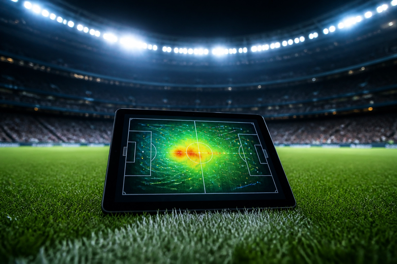 Datenbasierte Taktik-Analyse und Heatmap auf dem Spielfeld für das Spiel Arsenal gegen Fulham.