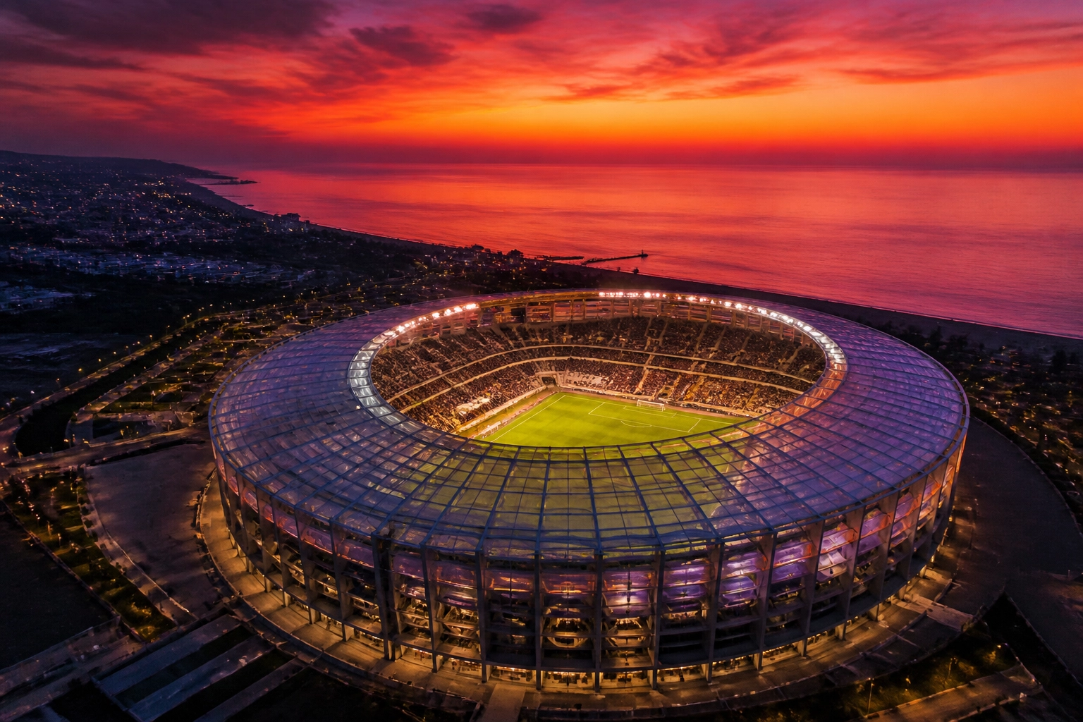 Luftaufnahme eines Stadions an der Küste vor dem Süper Lig Duell Rizespor gegen Beşiktaş.