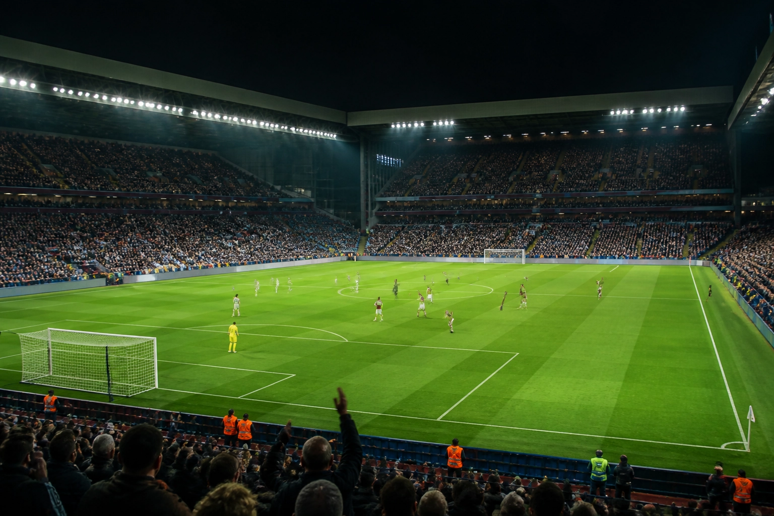 Atmosphäre im Villa Park bei Nacht vor dem Premier League Spiel Aston Villa gegen Liverpool.