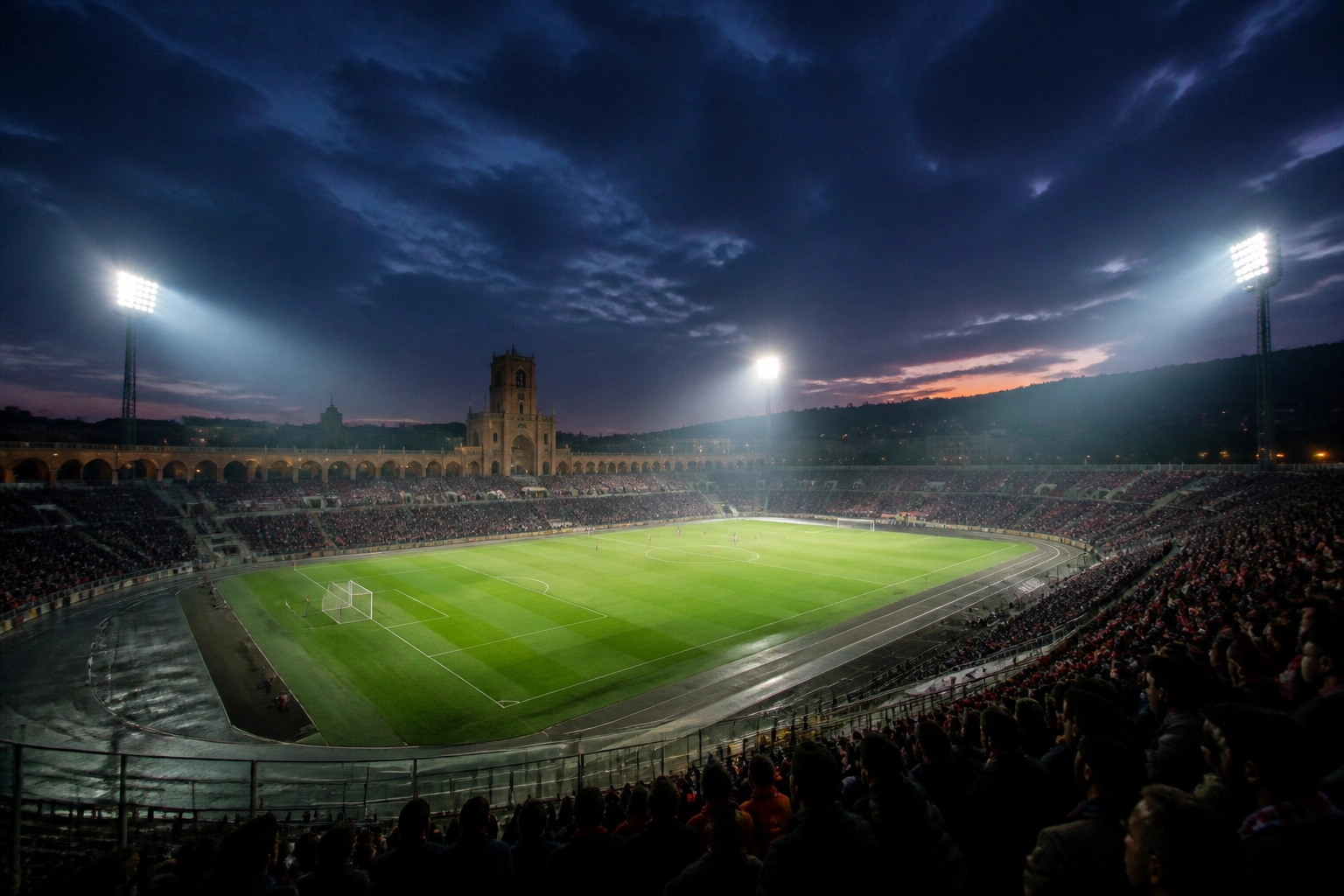Abendliche Stadionatmosphäre im Stadio Renato Dall’Ara vor Bologna gegen Neapel.