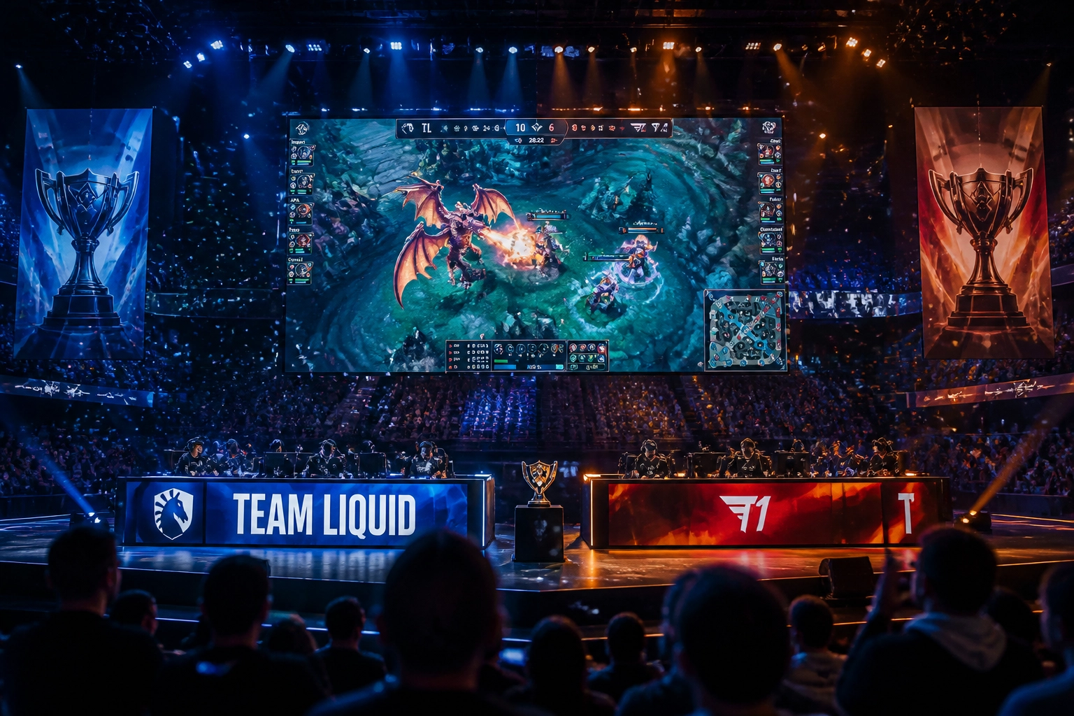 E-Sports Arena beim LoL MSI Finale mit Fokus auf Drachen-Objektive für Live-Wetten.