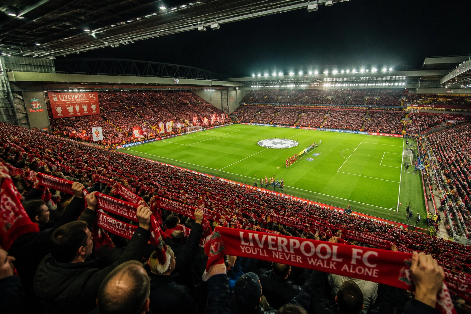 Stimmungsvolles Anfield Stadion in Liverpool vor dem Premier League Spiel gegen Aston Villa am 20.05.2026.