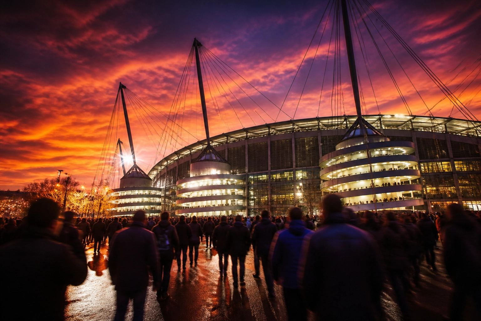 Das beleuchtete Etihad Stadium vor dem Premier League Spiel Manchester City gegen Brighton.