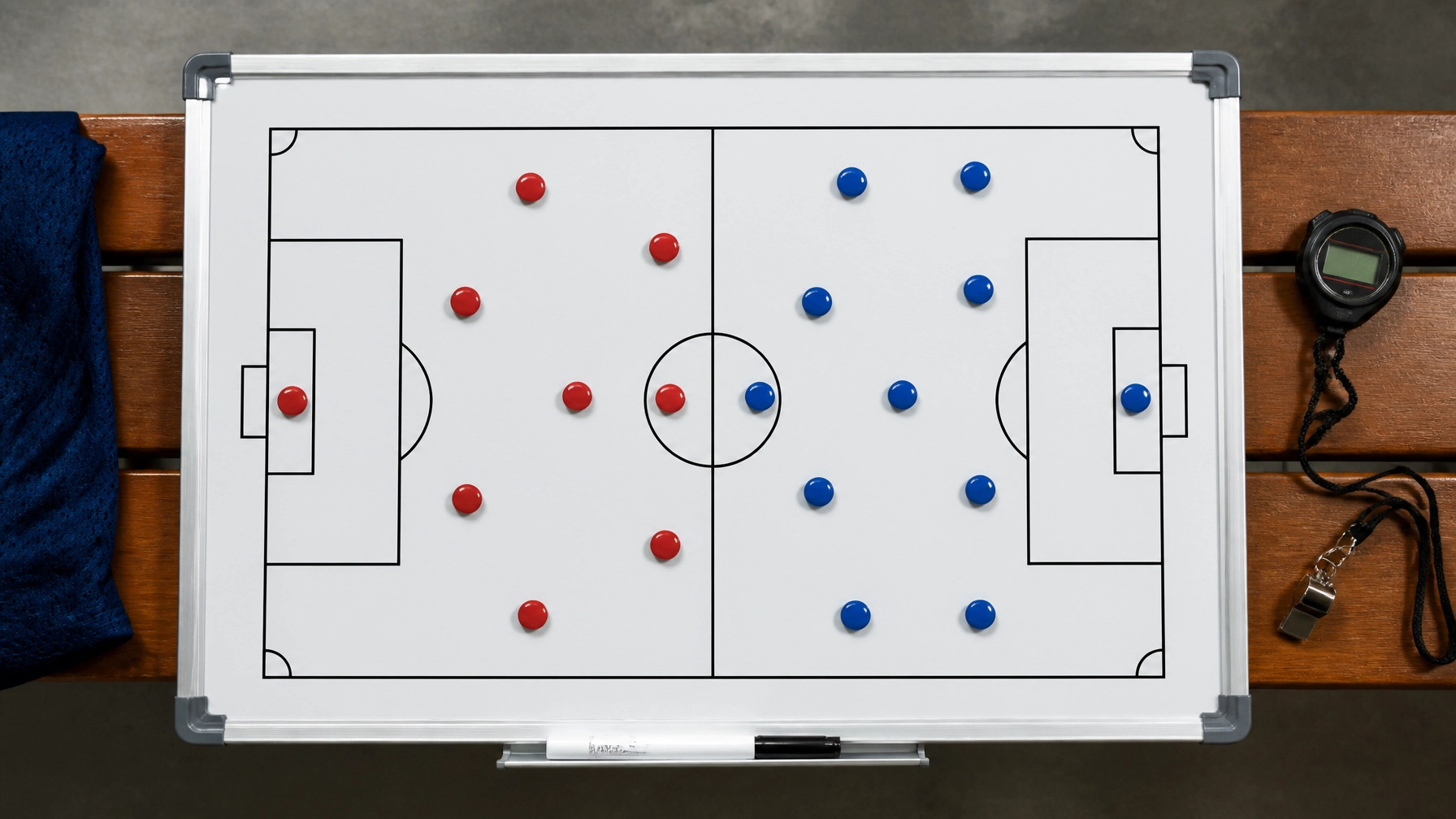 Taktikboard in einer Kabine mit Spielfiguren und Pfeifen