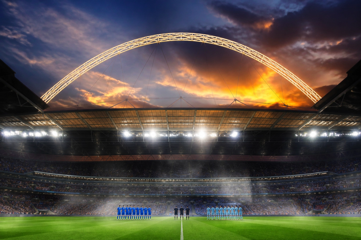 Wembley Stadion bei Sonnenuntergang vor dem FA Cup Finale 2026 zwischen Chelsea und Man City.