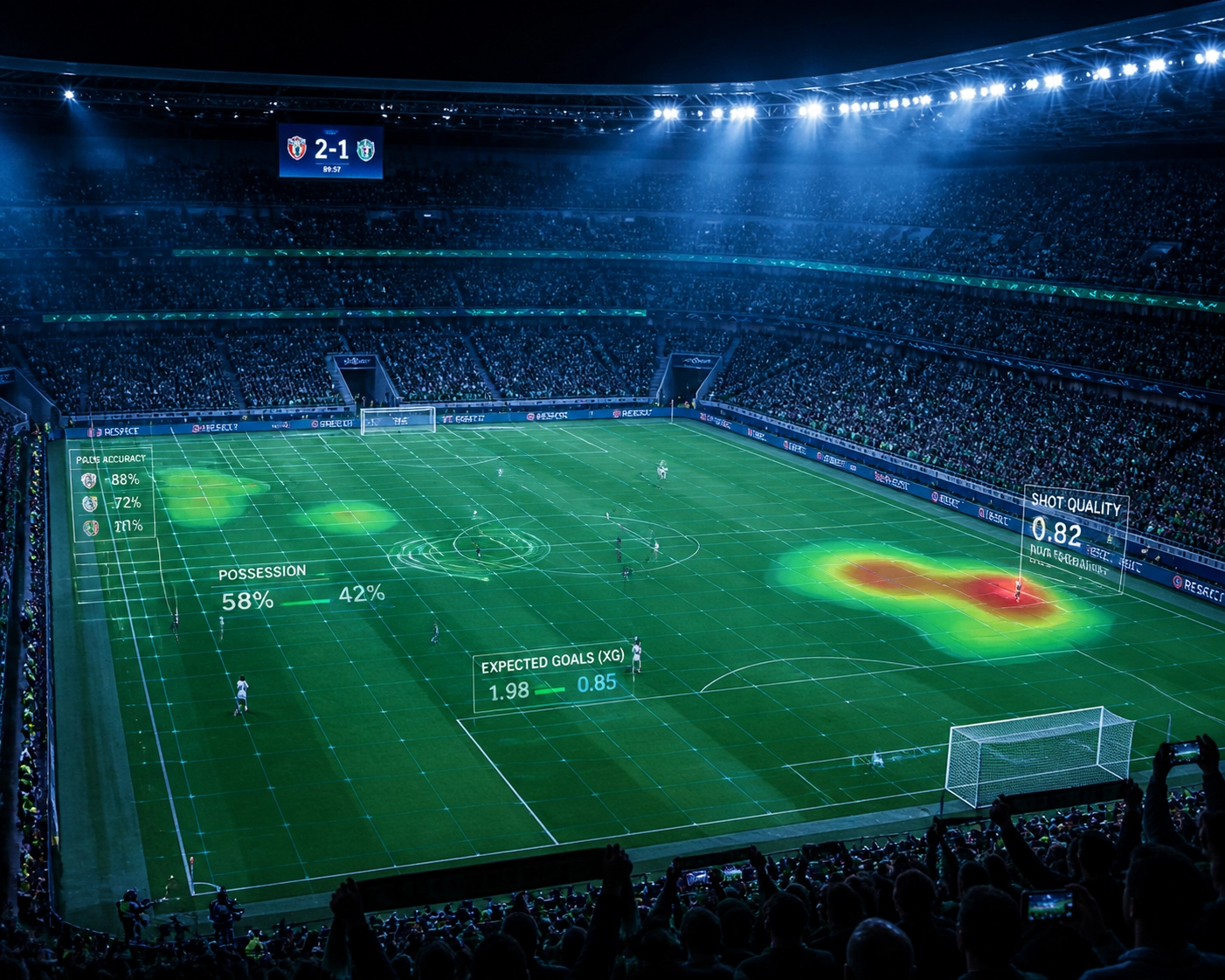 Digitale Fußball-Datenanalyse mit Heatmaps im Stadion zur Ermittlung des Erwartungswerts.
