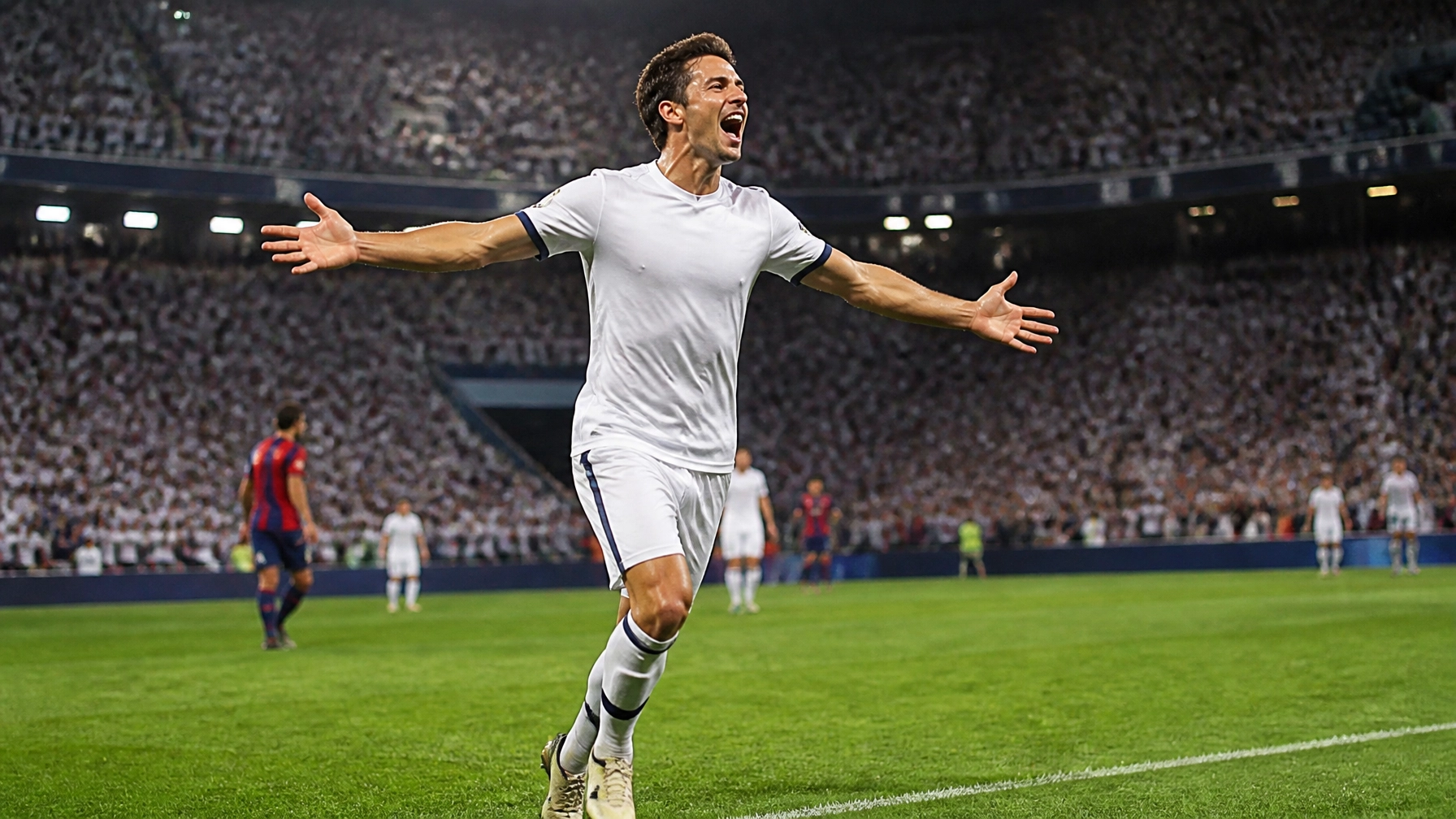 Ein Spieler von Real Madrid feiert ein Tor in einem spanischen Stadion