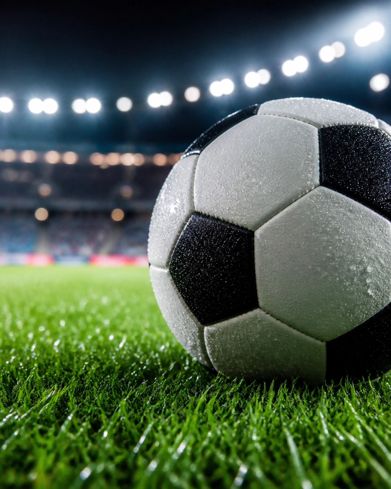 Detailaufnahme eines Spielballs auf nassem Rasen vor einem Testspiel