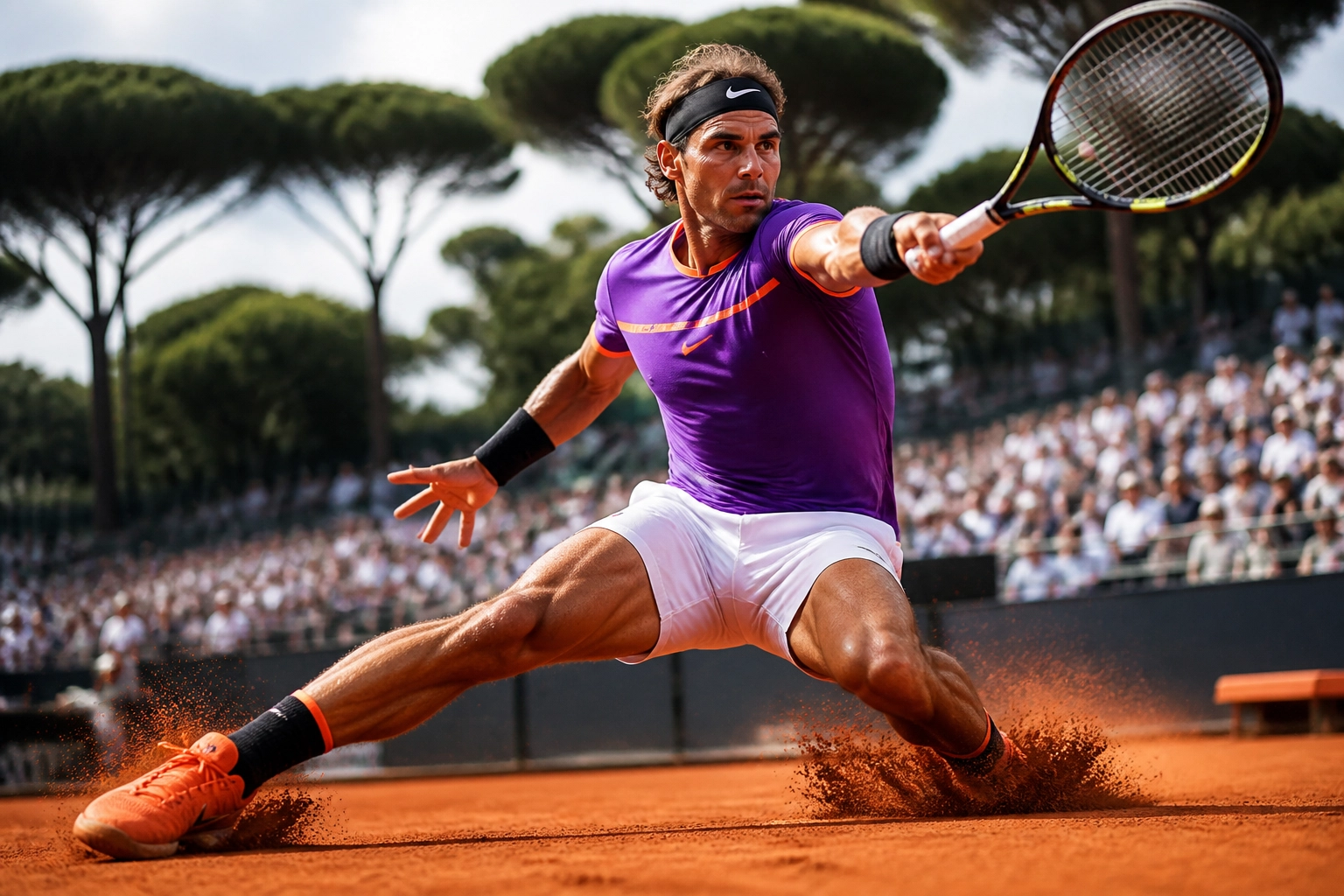 Tennisprofi rutscht auf dem roten Sandplatz in Rom für einen kraftvollen Vorhandschlag.