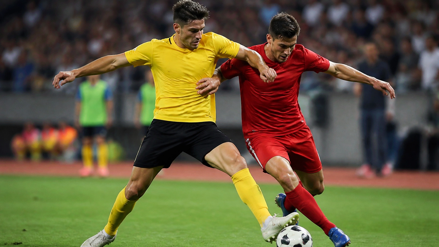 Action-Szene aus einem internationalen Fußballspiel zwischen Teams in Gelb und Rot