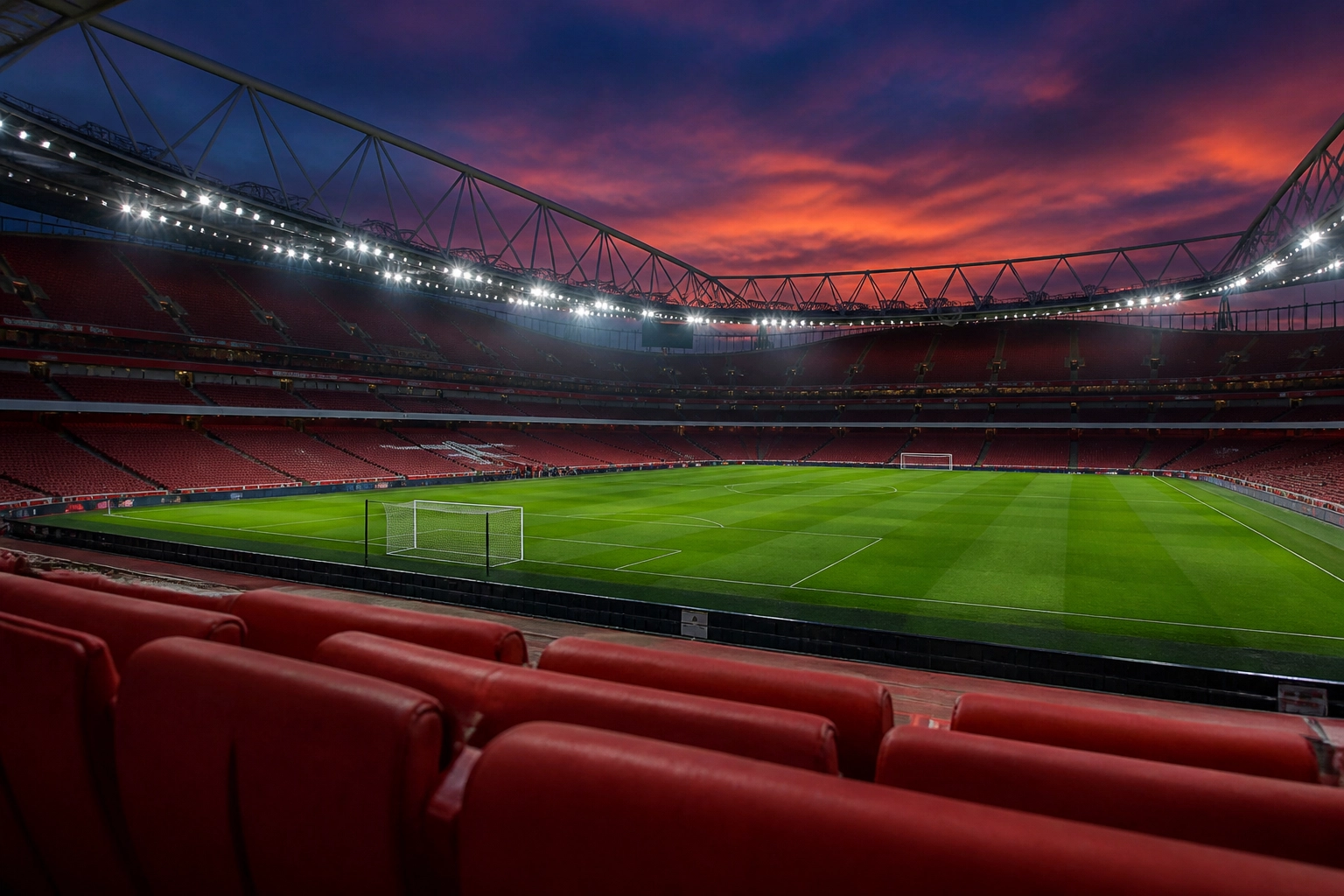 Das beleuchtete Emirates Stadium in London vor dem Premier League Spiel Arsenal gegen Burnley am 18.05.2026.