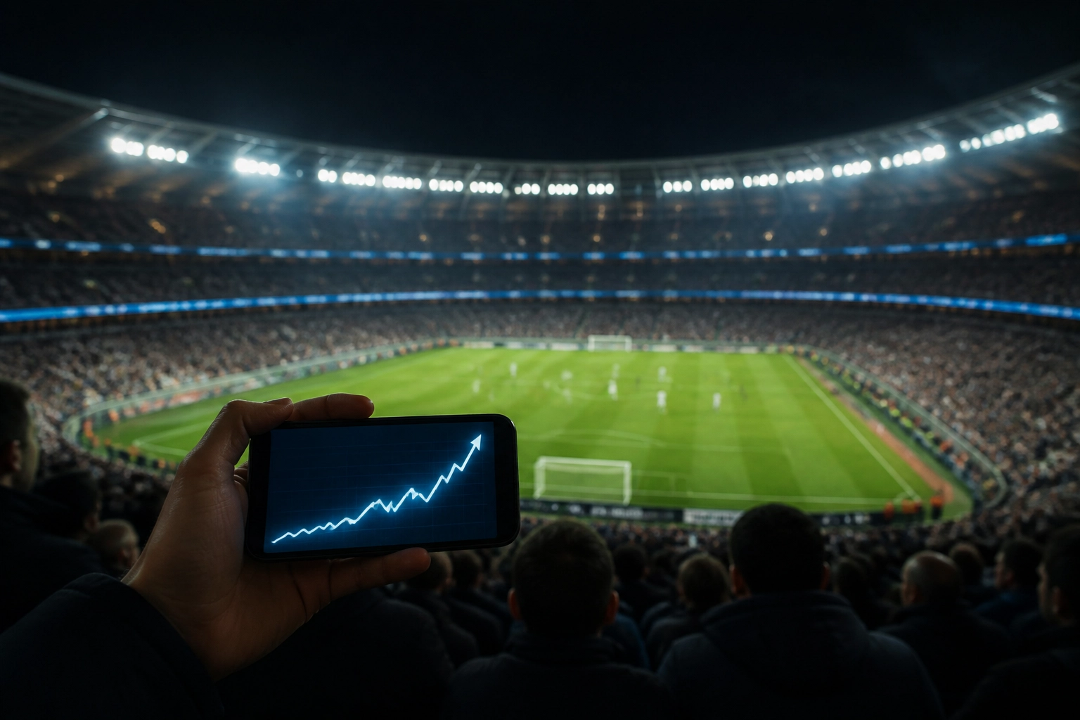 Quotenanalyse auf einem Smartphone im Stadion zur Bewertung von Marktbewegungen bei Sportwetten.