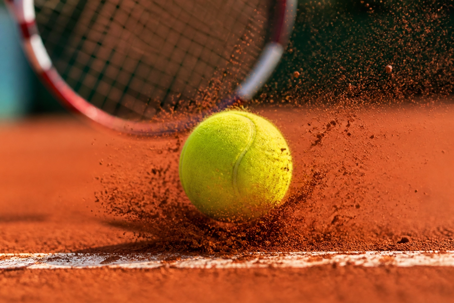 Detailaufnahme eines Tennisballs beim Aufprall auf roter Asche mit aufwirbelndem Sandstaub.