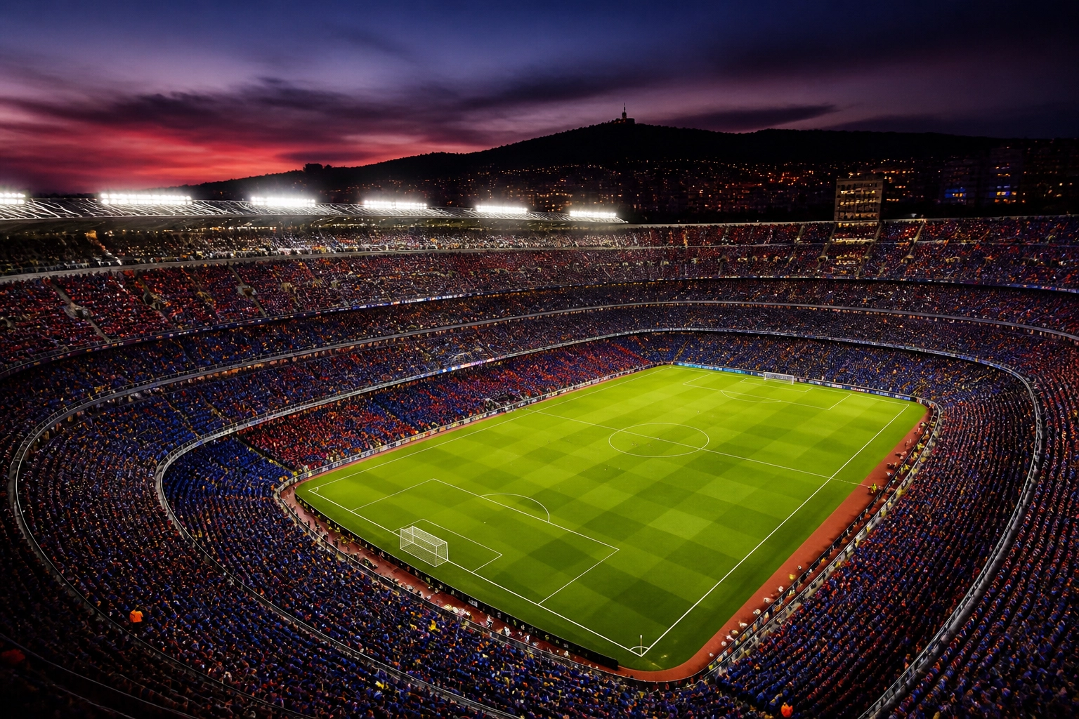 Beleuchtetes Camp Nou Stadion in Barcelona vor dem La Liga Spiel gegen Real Betis