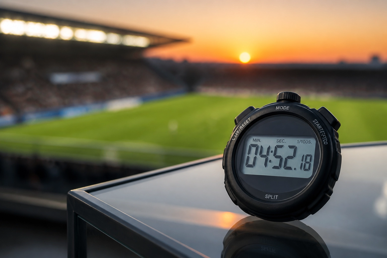 Symbolische Stoppuhr für die schnelle Analyse von Fußball-News unter 5 Minuten.