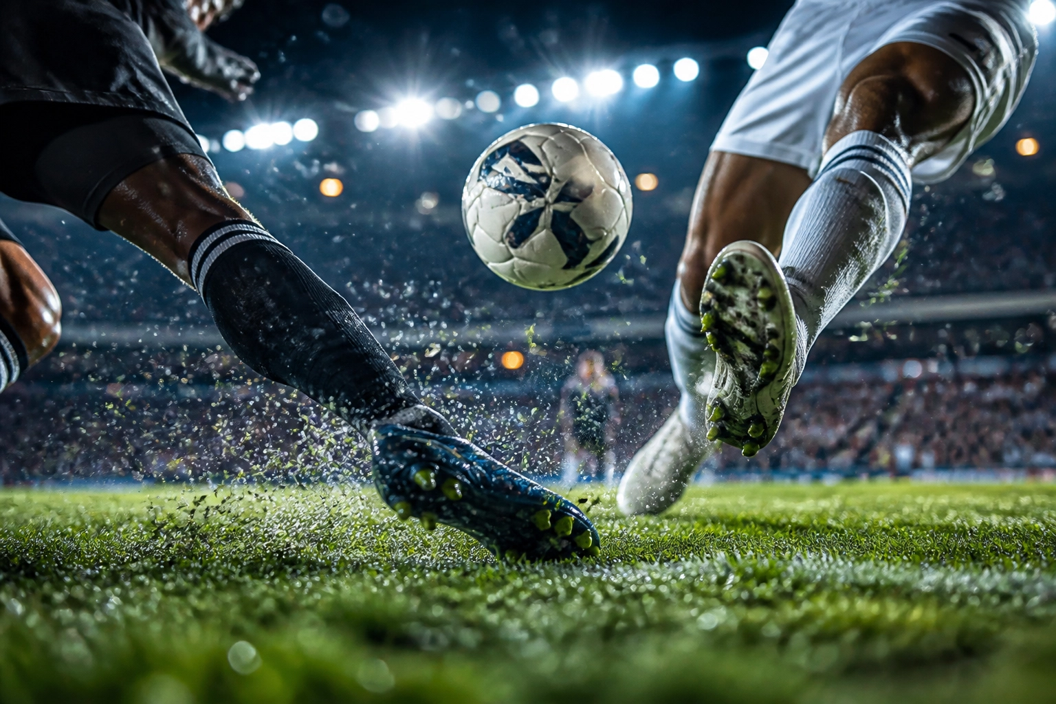 Intensiver Zweikampf unter Flutlicht beim Premier League Kracher Manchester United gegen Liverpool.
