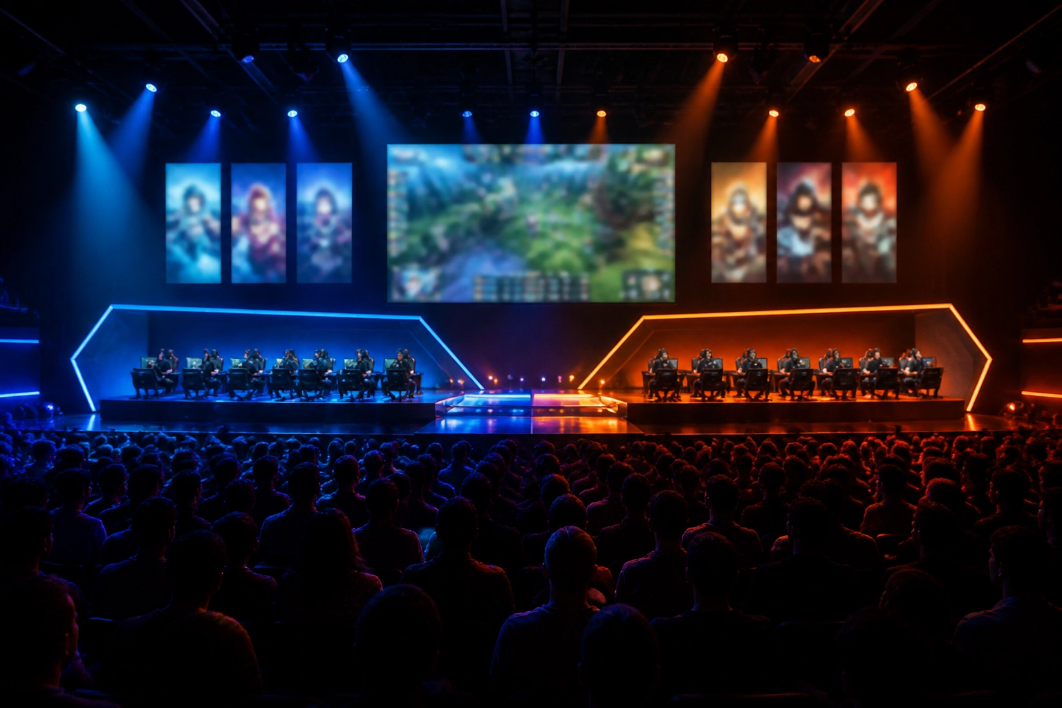 Moderne E-Sports Bühne mit intensiver Beleuchtung und Turnieratmosphäre