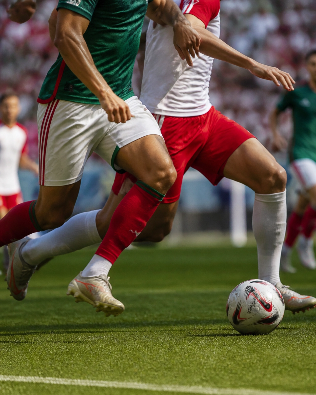 Fotorealistische Action-Aufnahme eines Fußballspiels zwischen Mexiko und Südkorea.