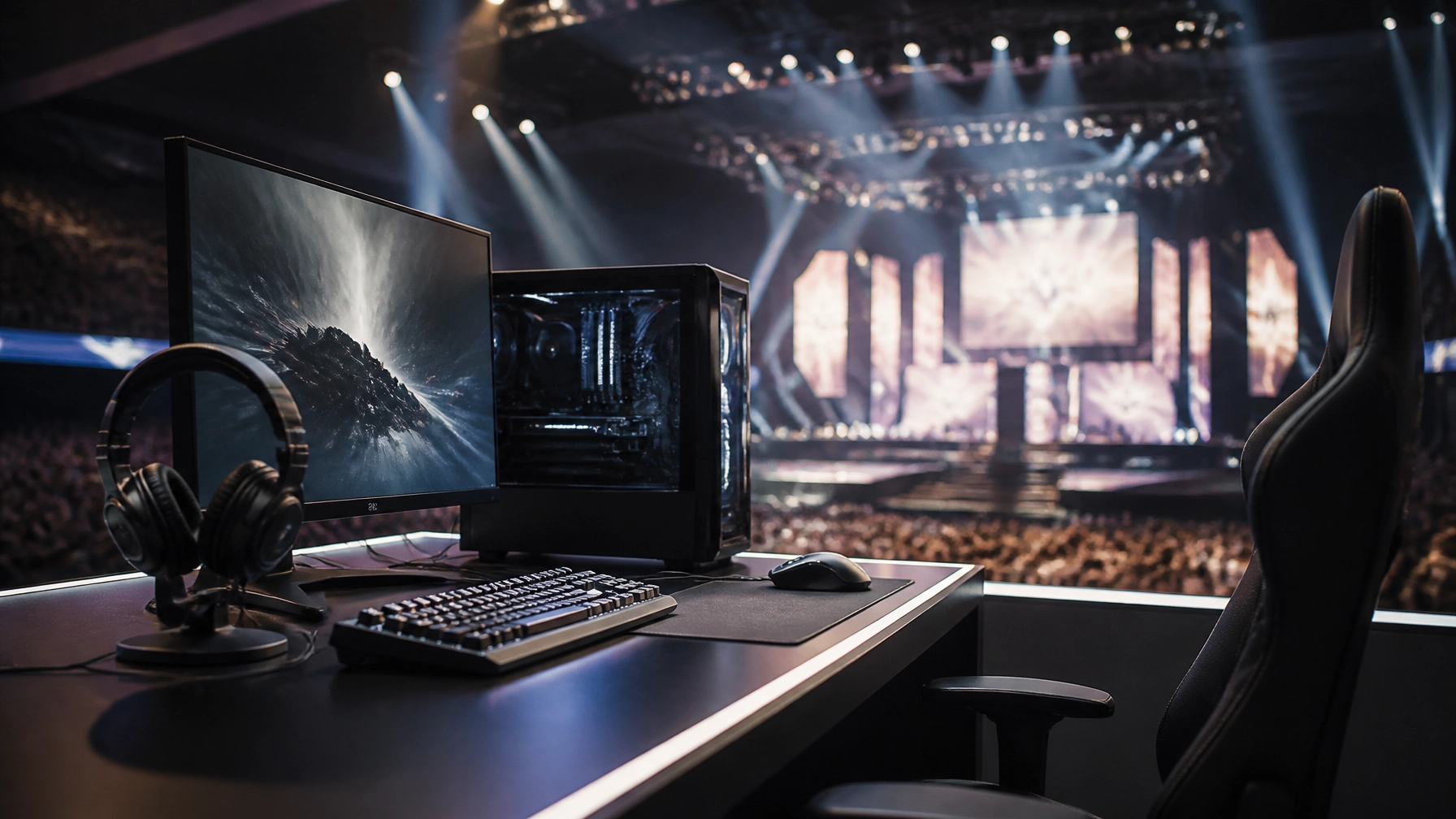 Professionelles E-Sports-Setup mit Gaming-Peripherie und einer Arena-Atmosphäre im Hintergrund.