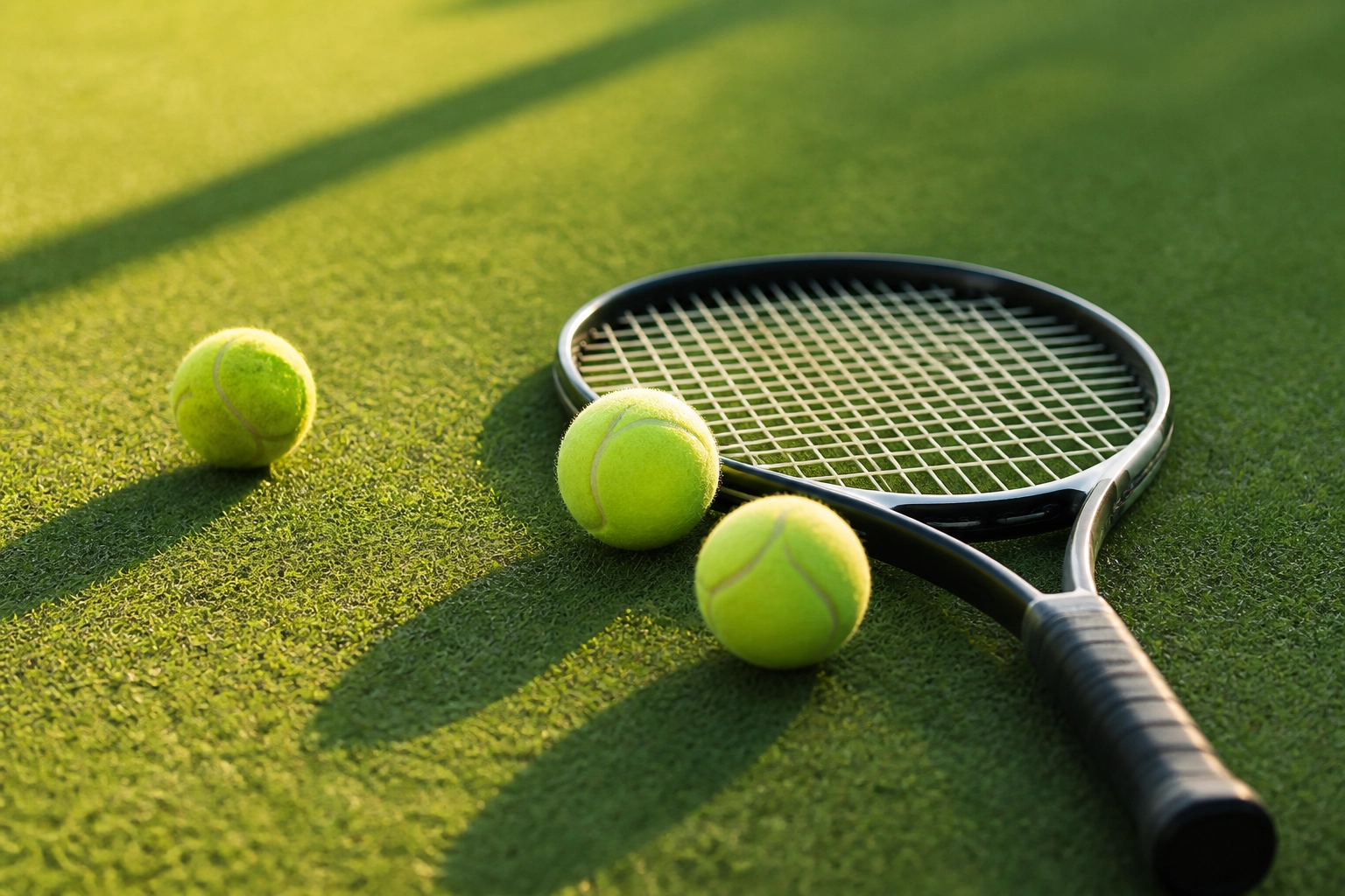 Tennis-Equipment im Detail auf dem grünen Rasen von Halle