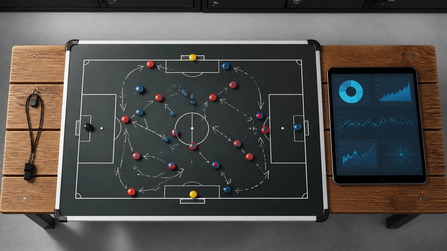 Moderne Datenanalyse im Fußball mit taktischen Boards und Statistiken.