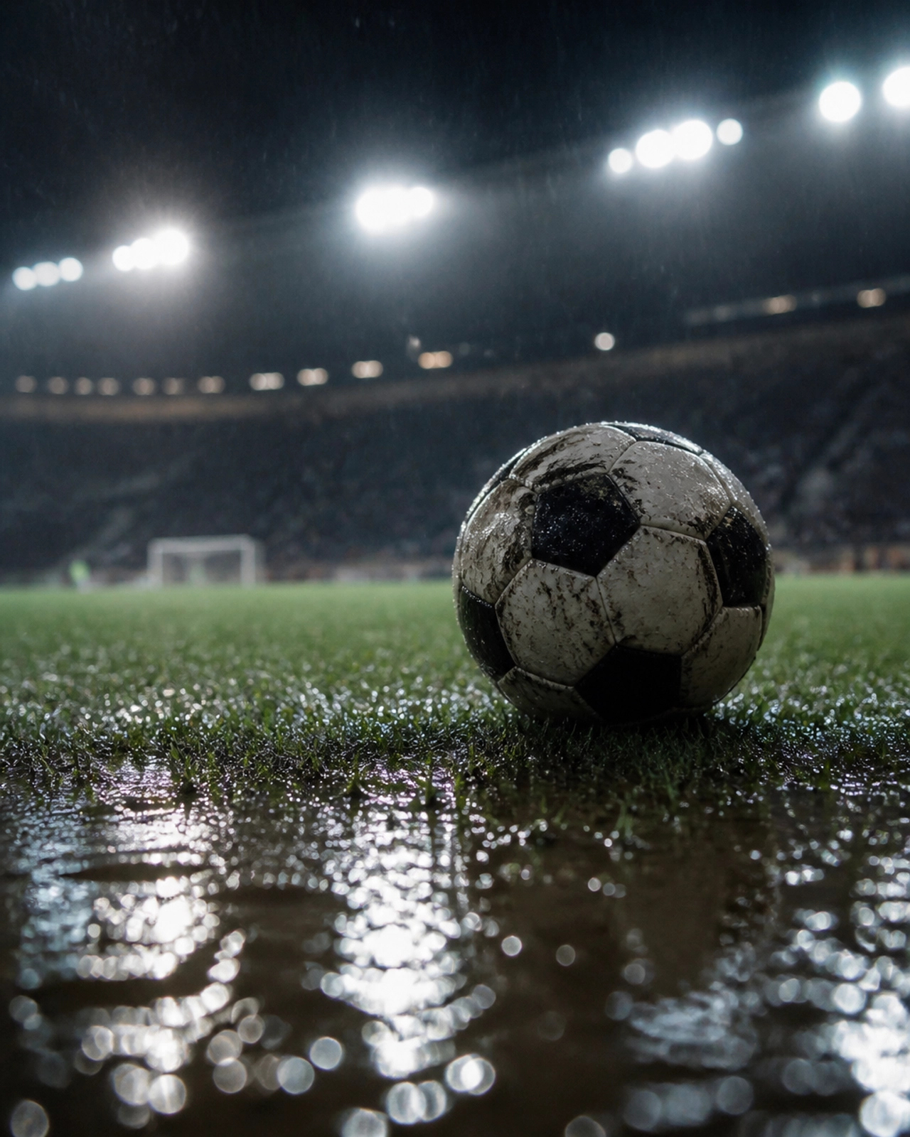 Fotorealistisches Bild eines Fußballs auf dem Spielfeld während eines regnerischen Abendspiels.