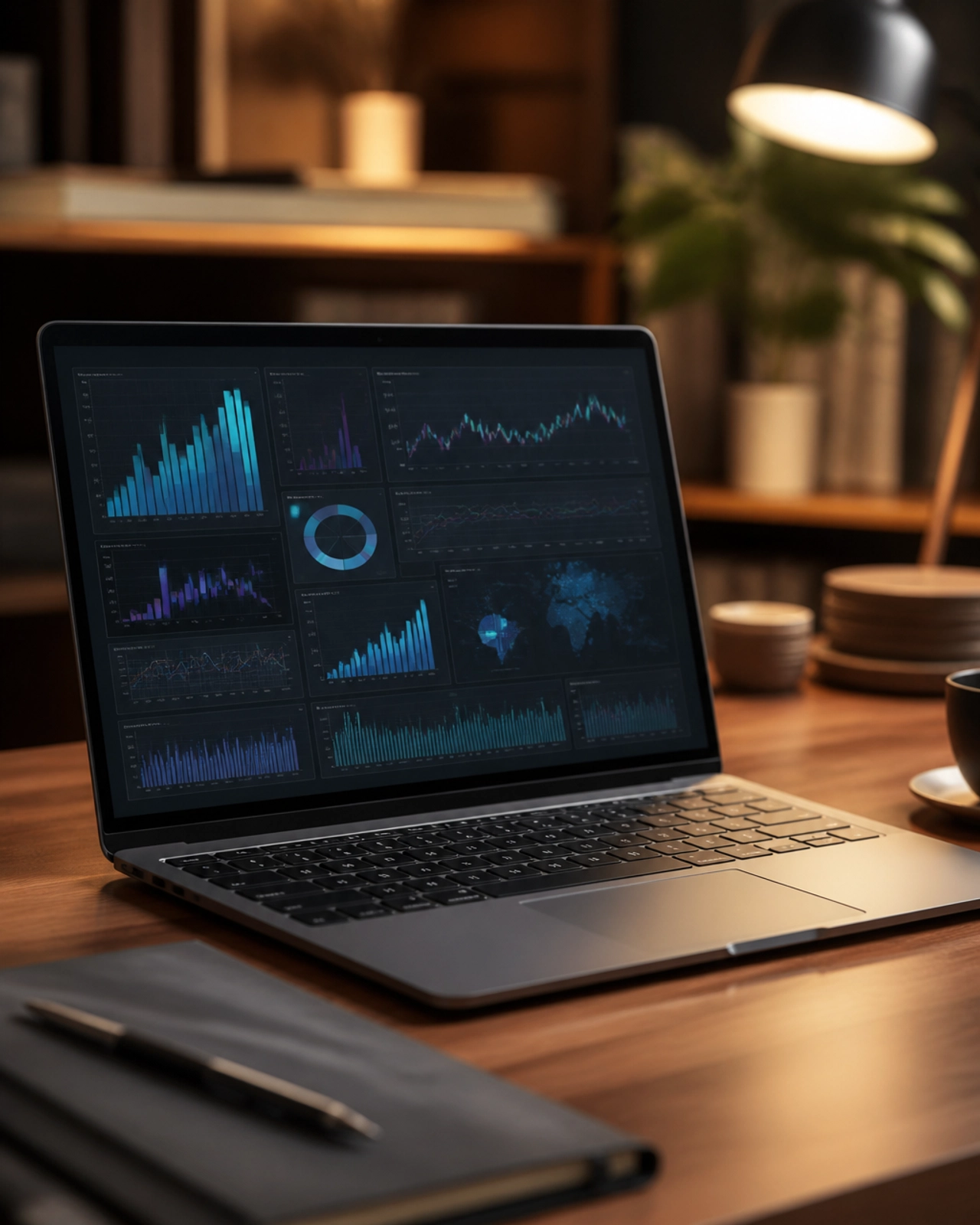Laptop mit komplexen Datendiagrammen auf einem Schreibtisch
