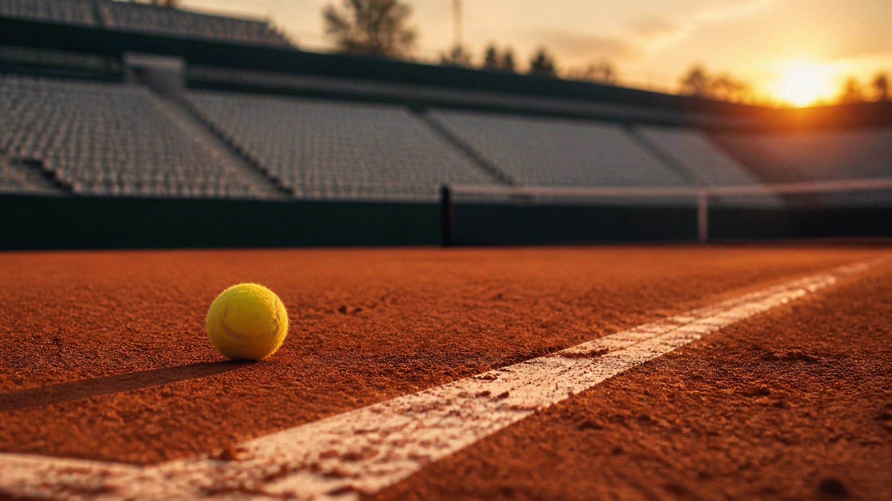 Nahaufnahme eines Tennisballs auf einem Sandplatz bei Sonnenuntergang, Fokus auf die Textur des Bodens.