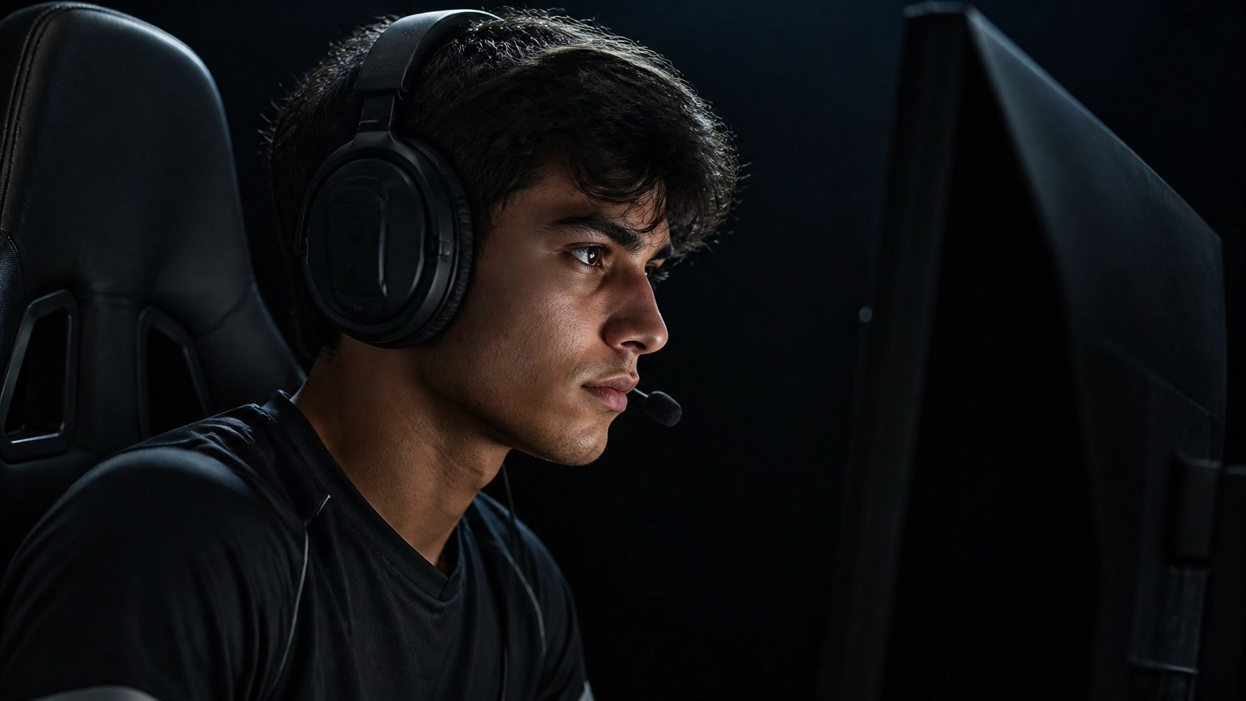 E-Sport Profi im Fokus vor einem Bildschirm