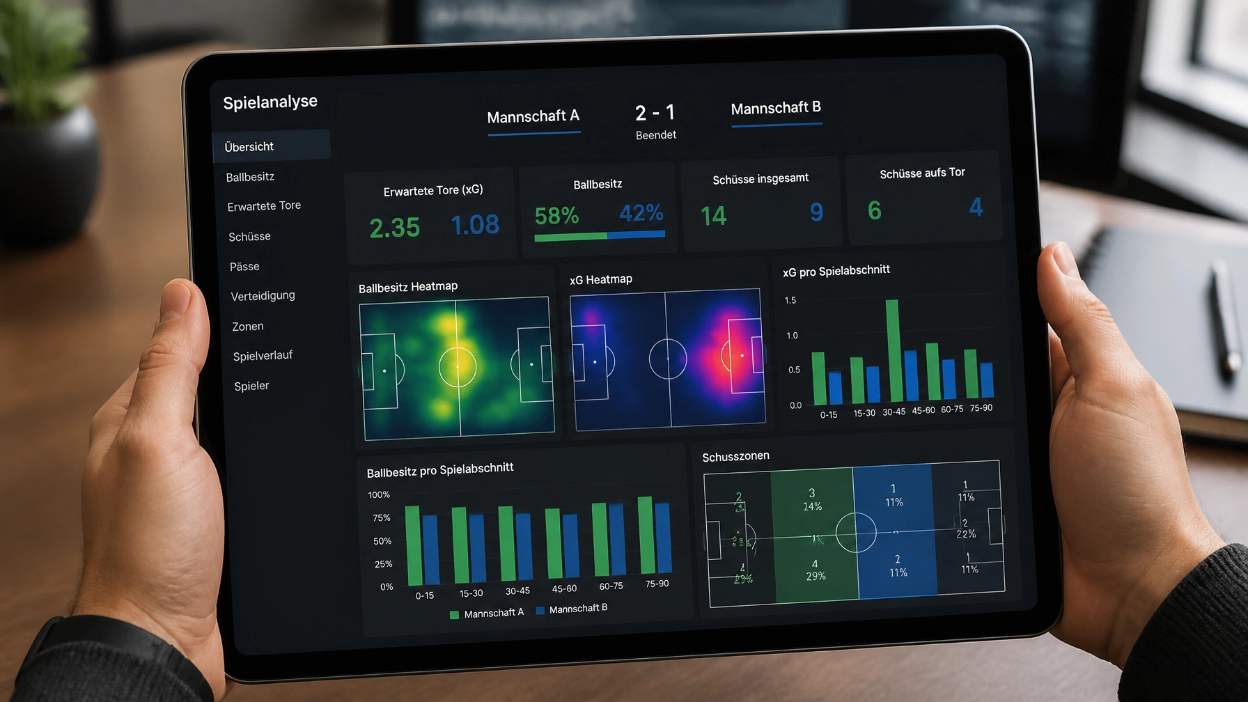Datenanalyse auf einem Tablet zur Visualisierung von Leistungswerten.