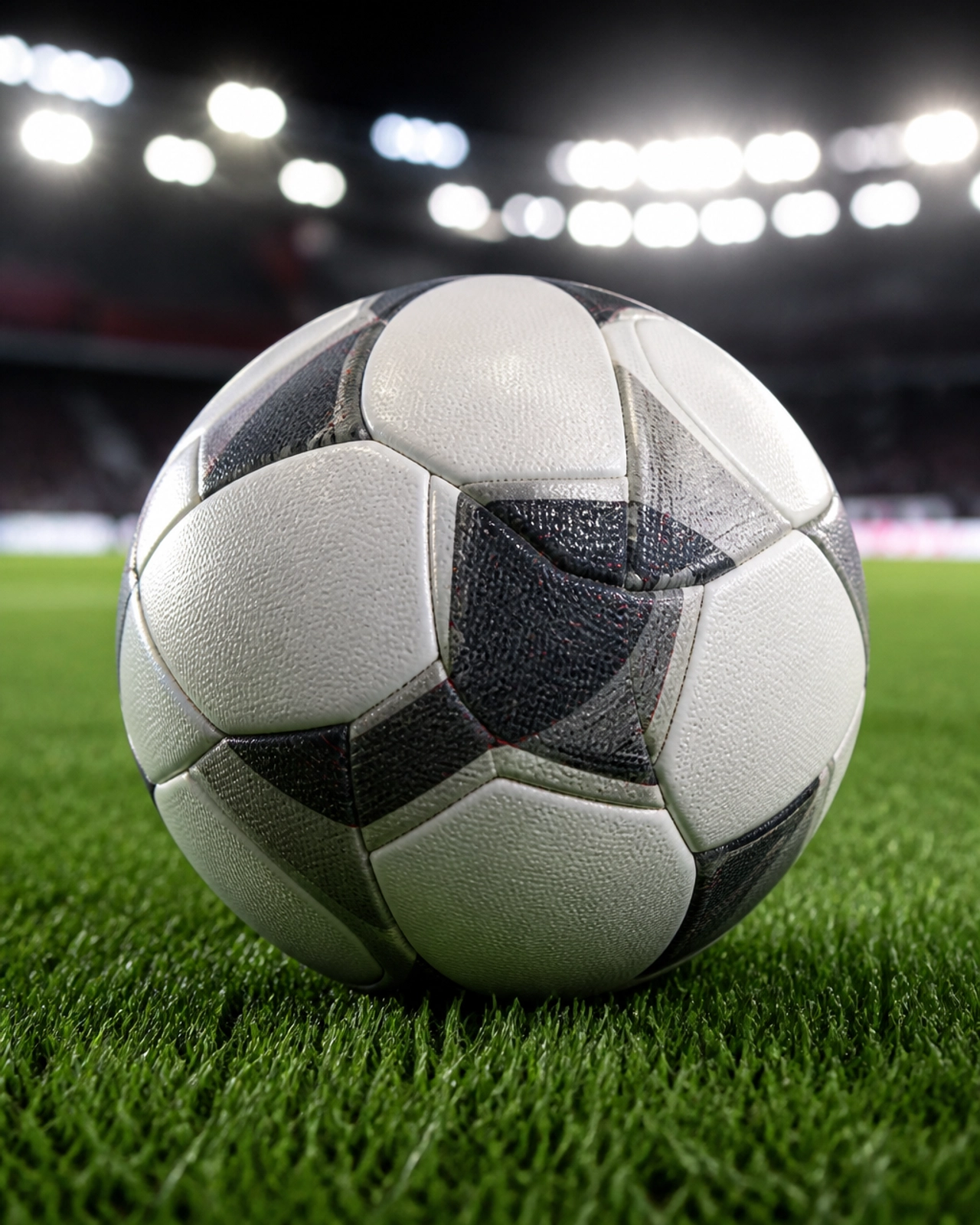 Ein Profi-Fußball auf dem Rasen vor einer Stadionkulisse