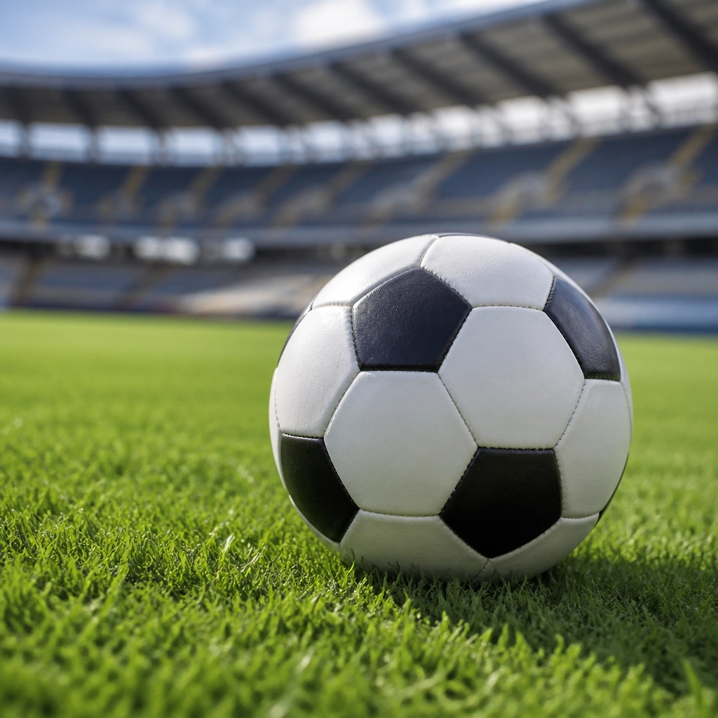 Ein Profi-Fußball auf einem perfekt gepflegten Rasen in einem modernen Stadion, scharf fokussiert.