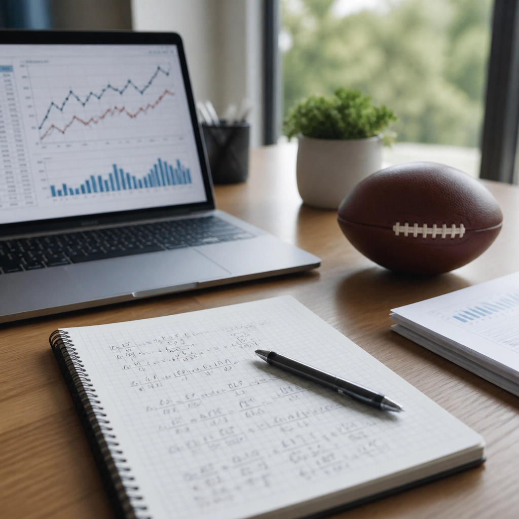 Arbeitsplatz mit mathematischen Formeln, Notebook und einem Fußball