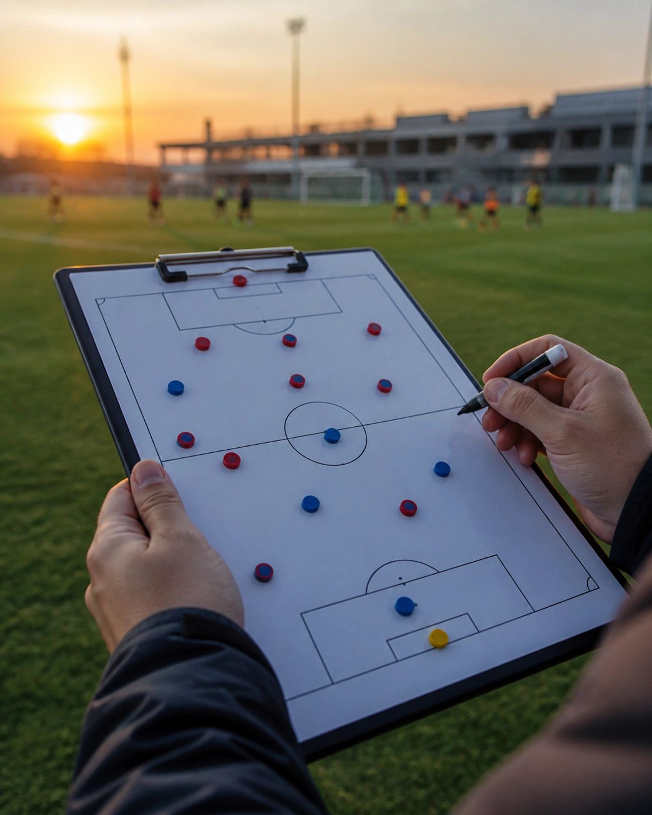 Fußballtrainer hält Taktik-Klemmbrett