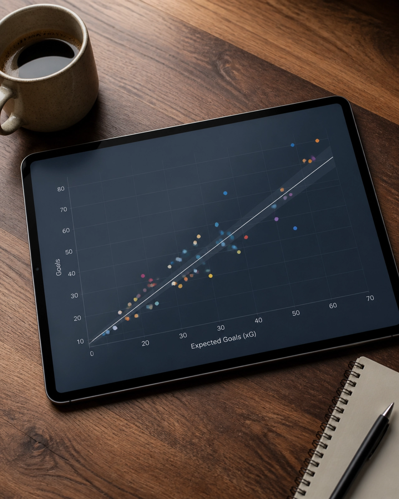 Visualisierung von xG-Daten auf einem Tablet zur detaillierten Spielbewertung