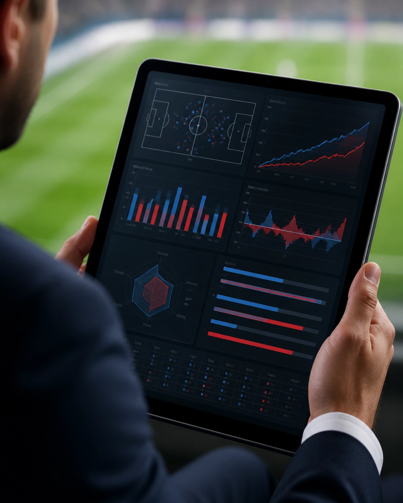Tablet mit detaillierten Statistiken und Grafiken zur Spielanalyse