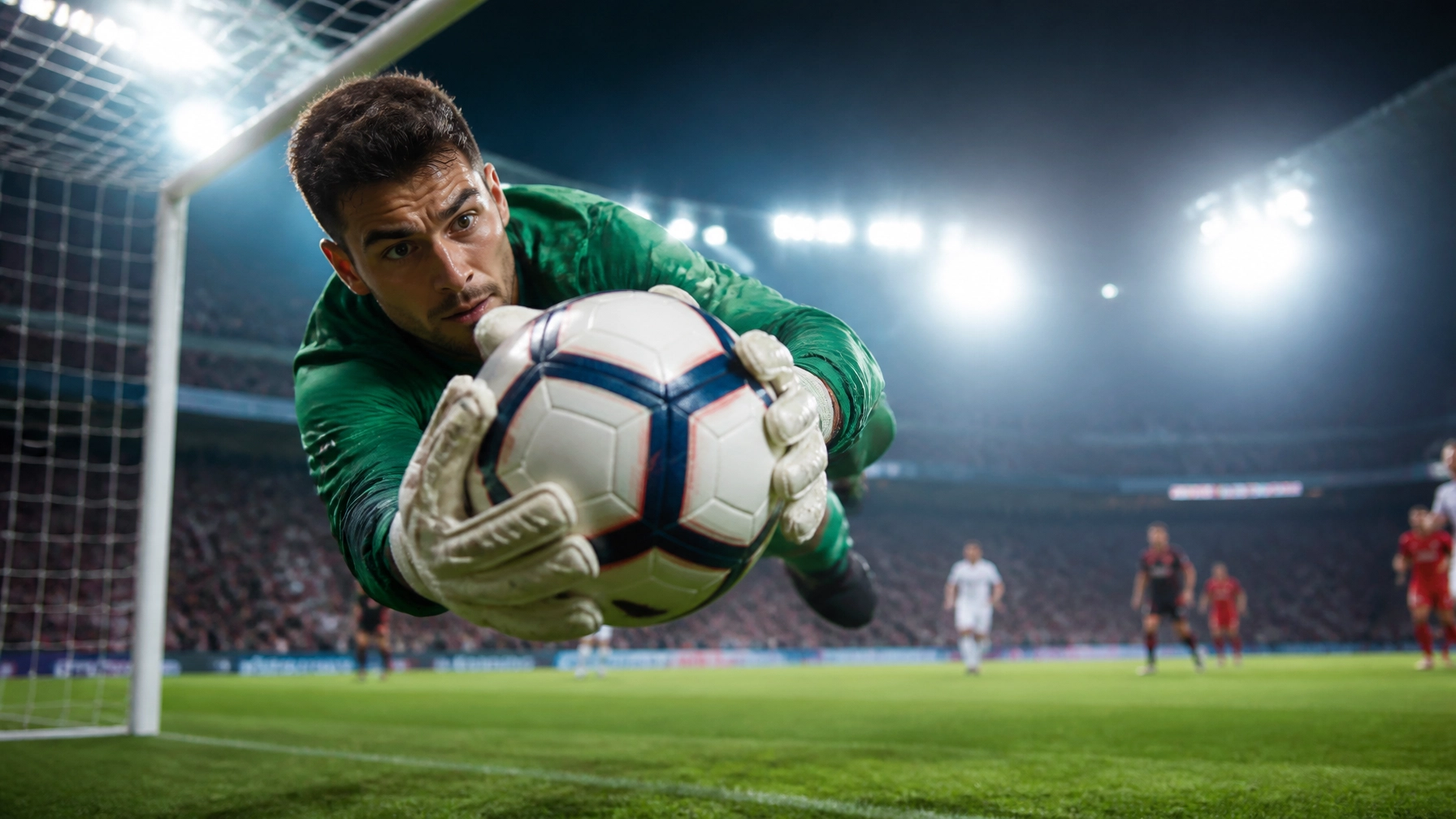 Ein Torwart hechtet nach dem Ball in einer dramatischen Szene