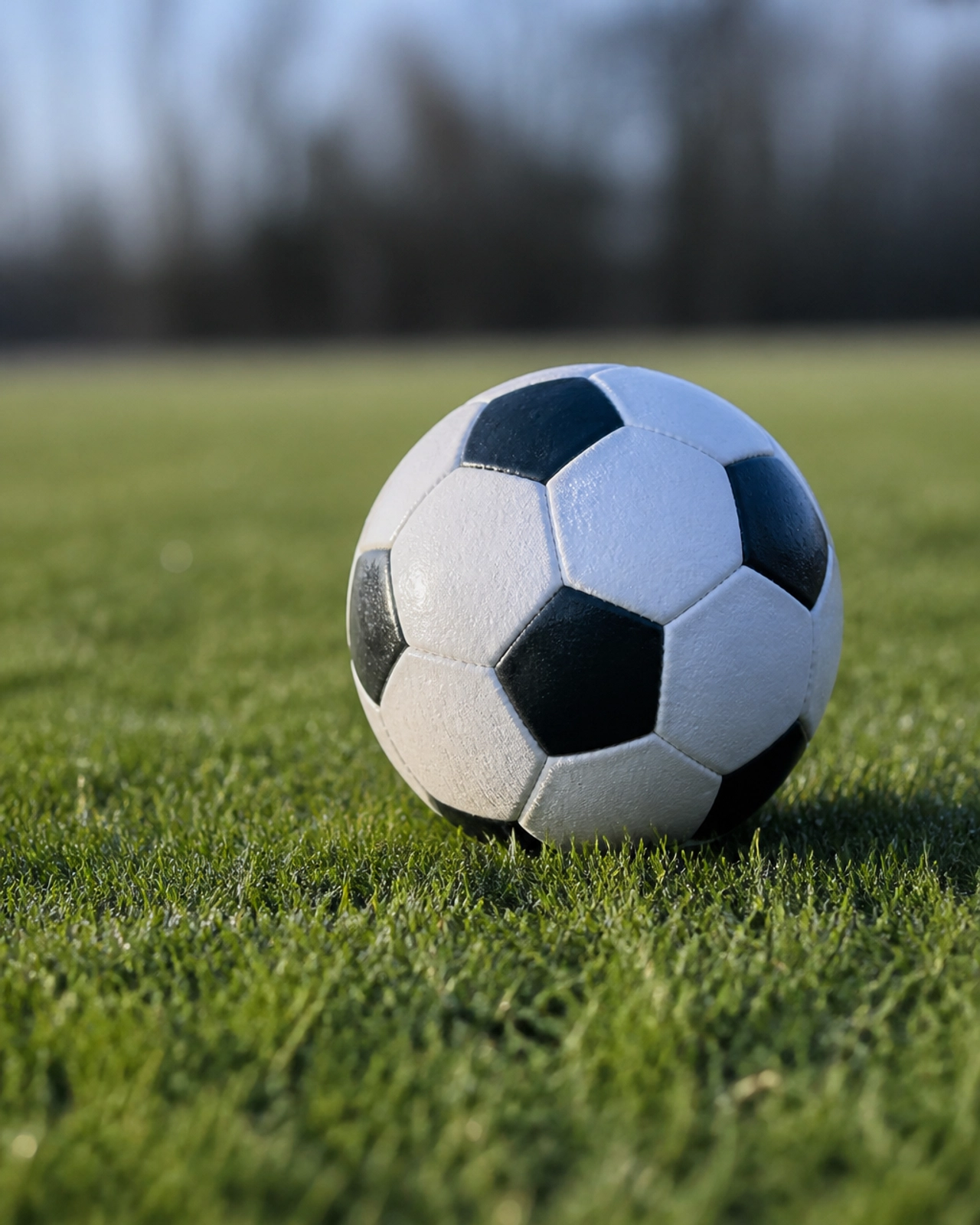 Fußball auf grünem Rasen im Morgenlicht