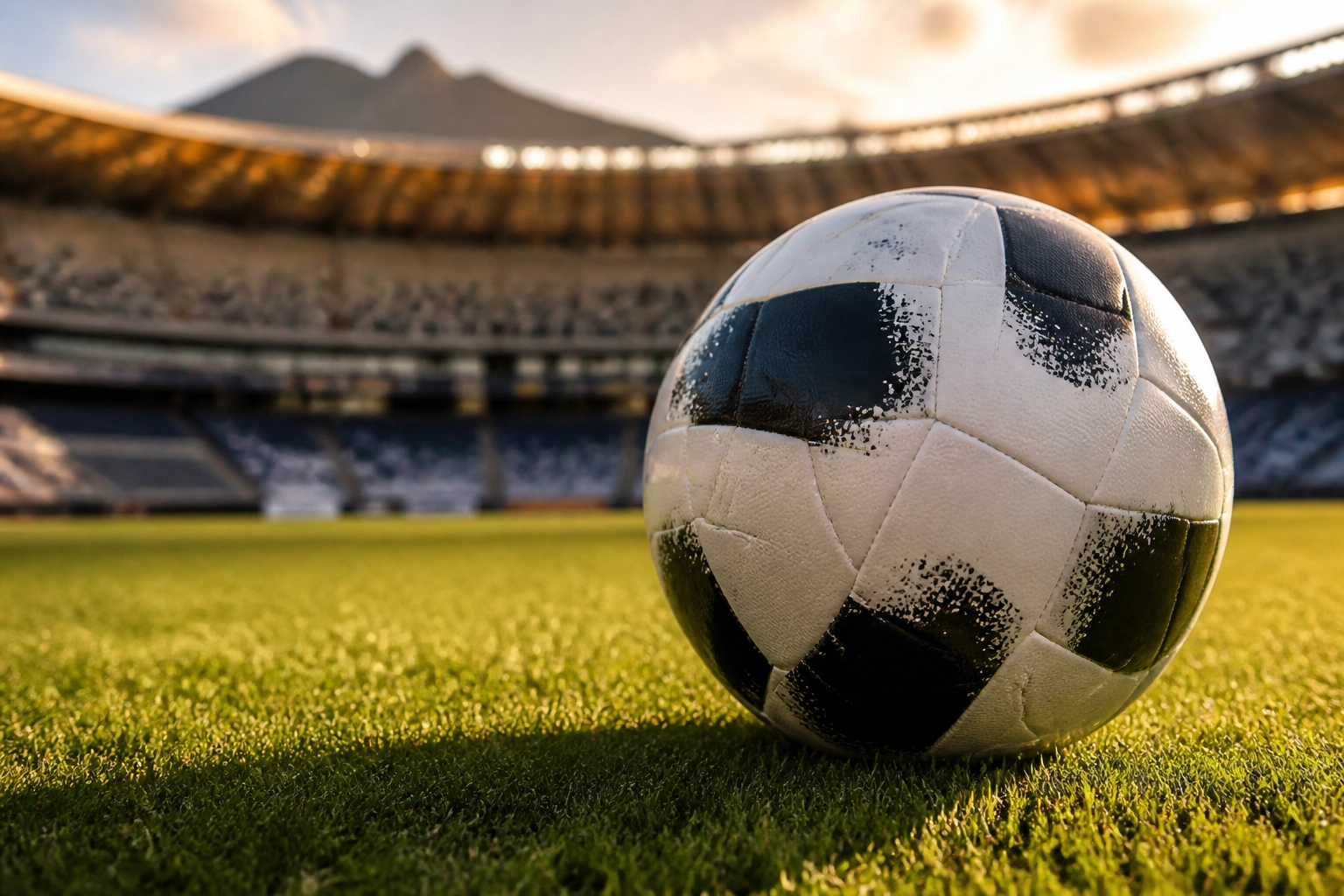 Ein Fußball auf dem Rasen von Monterrey, Mexiko, bereit für Schweden gegen Tunesien