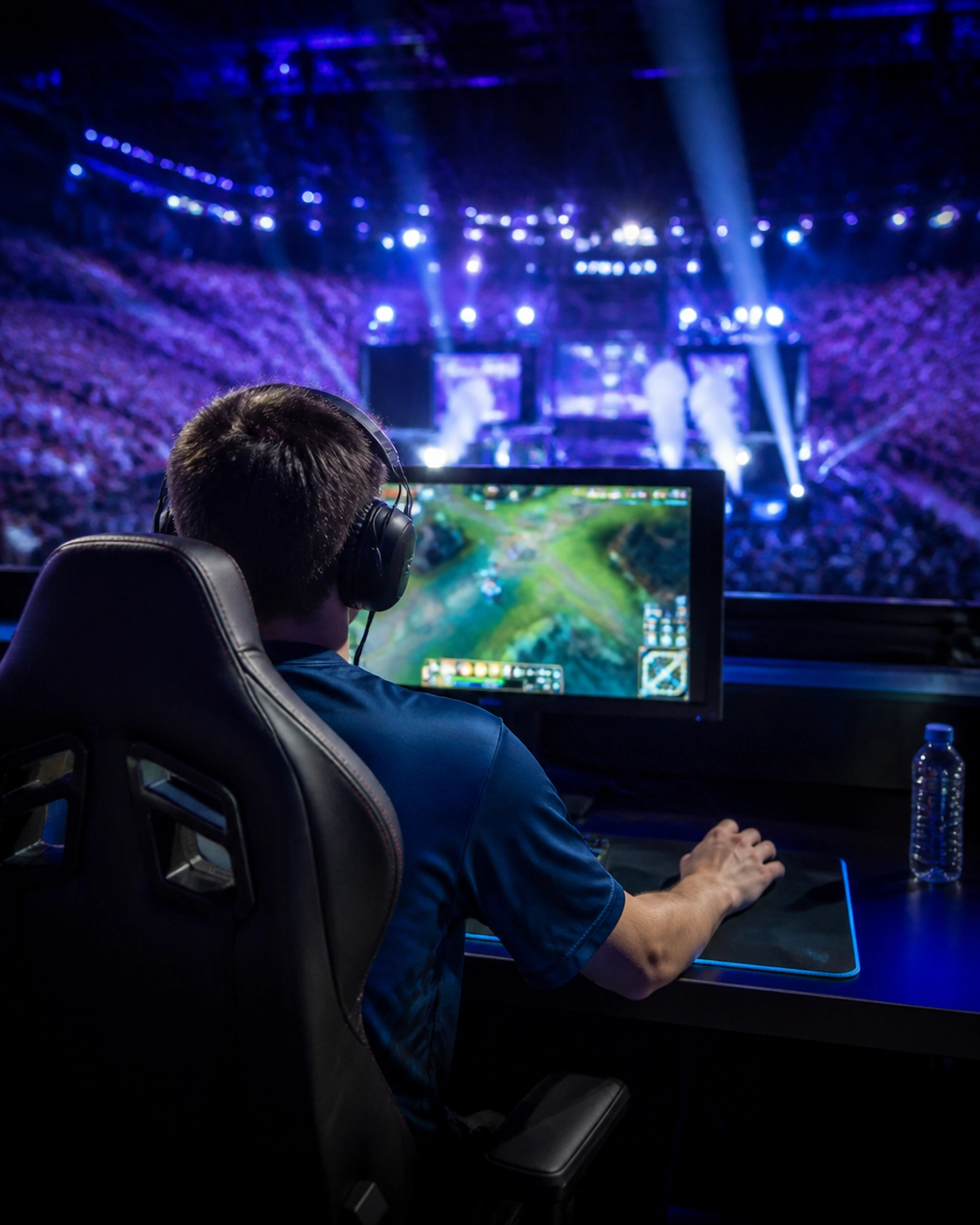 E-Sports Profi in einer beleuchteten Arena