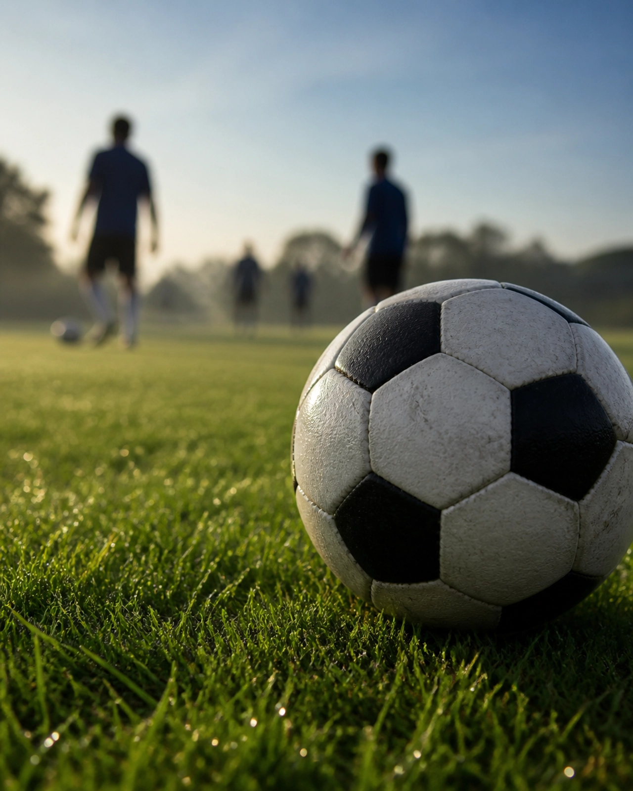 Detailaufnahme eines Fußballs auf dem Rasen vor dem K.-o.-Spiel