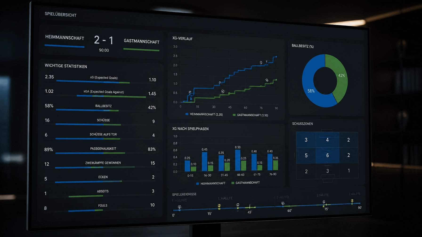 Analyse von xG-Daten und Markt-Wahrscheinlichkeiten am Monitor