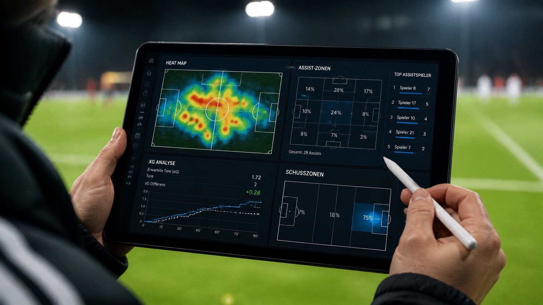 Taktische Analyse auf einem Tablet mit Heatmaps und xG-Werten