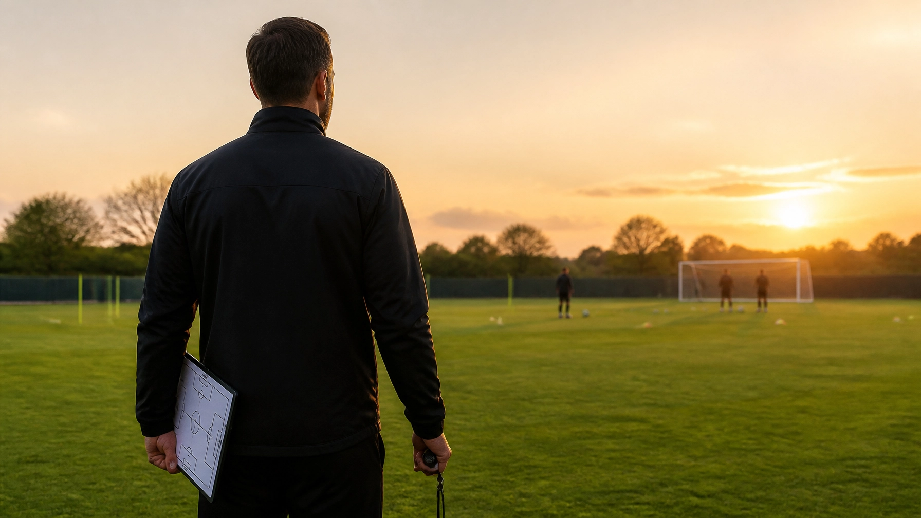 Ein Fußballtrainer an der Seitenlinie gibt taktische Anweisungen während eines Spiels