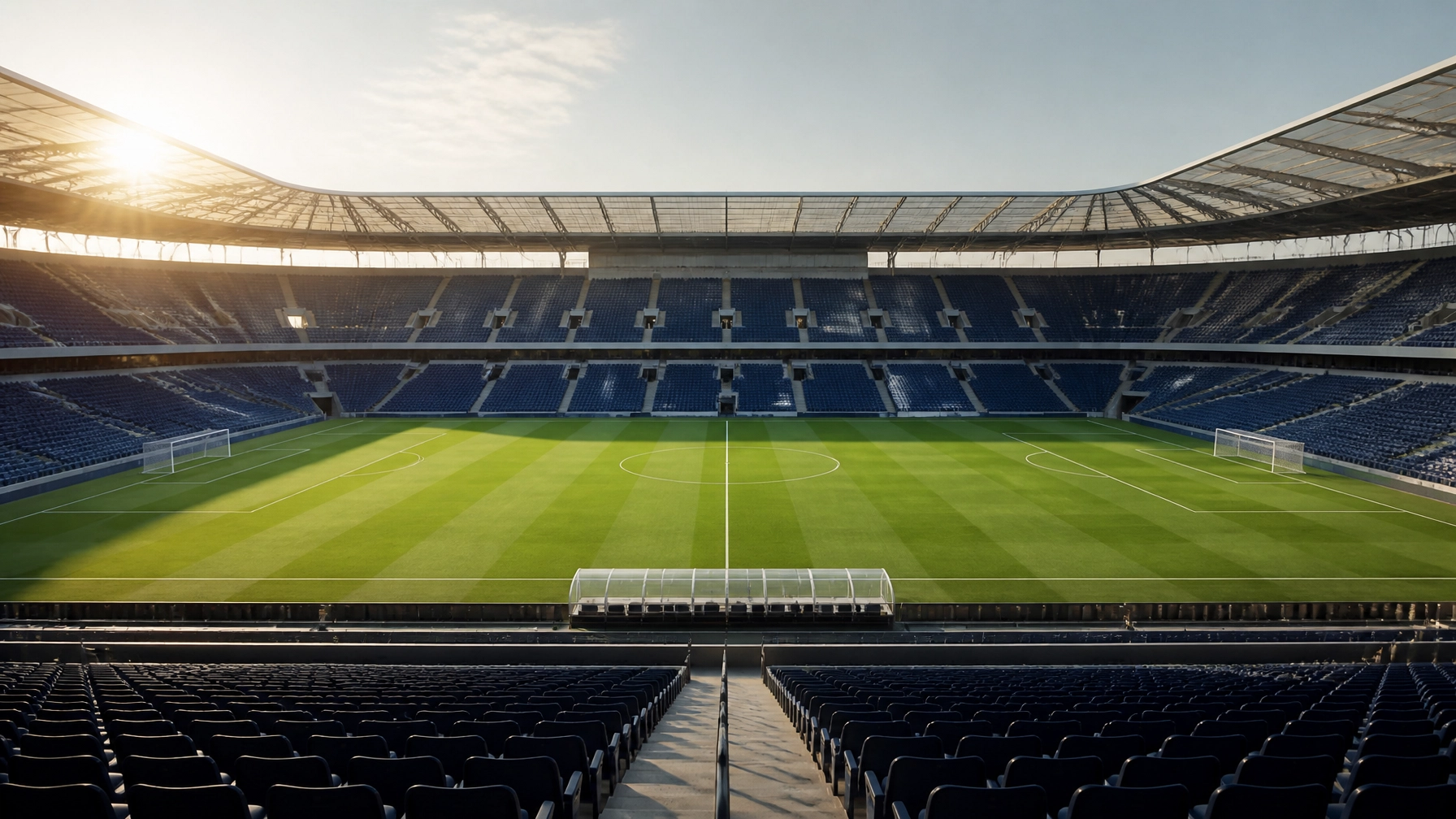 Ein leerer Innenraum eines modernen Fußballstadions bei weichem Morgenlicht.