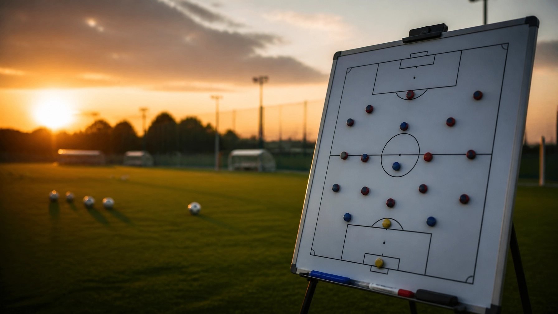 Taktische Vorbereitung auf einem Fußballfeld bei Sonnenuntergang