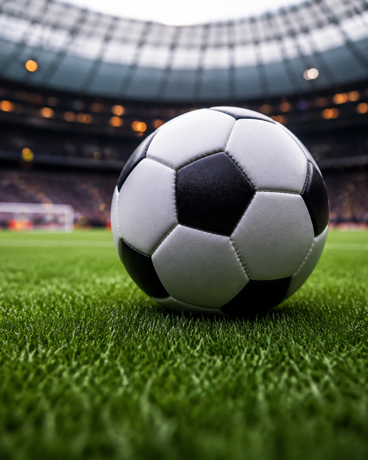 Nahaufnahme eines hochwertigen Profi-Fußballs auf einem perfekt gepflegten Rasenplatz
