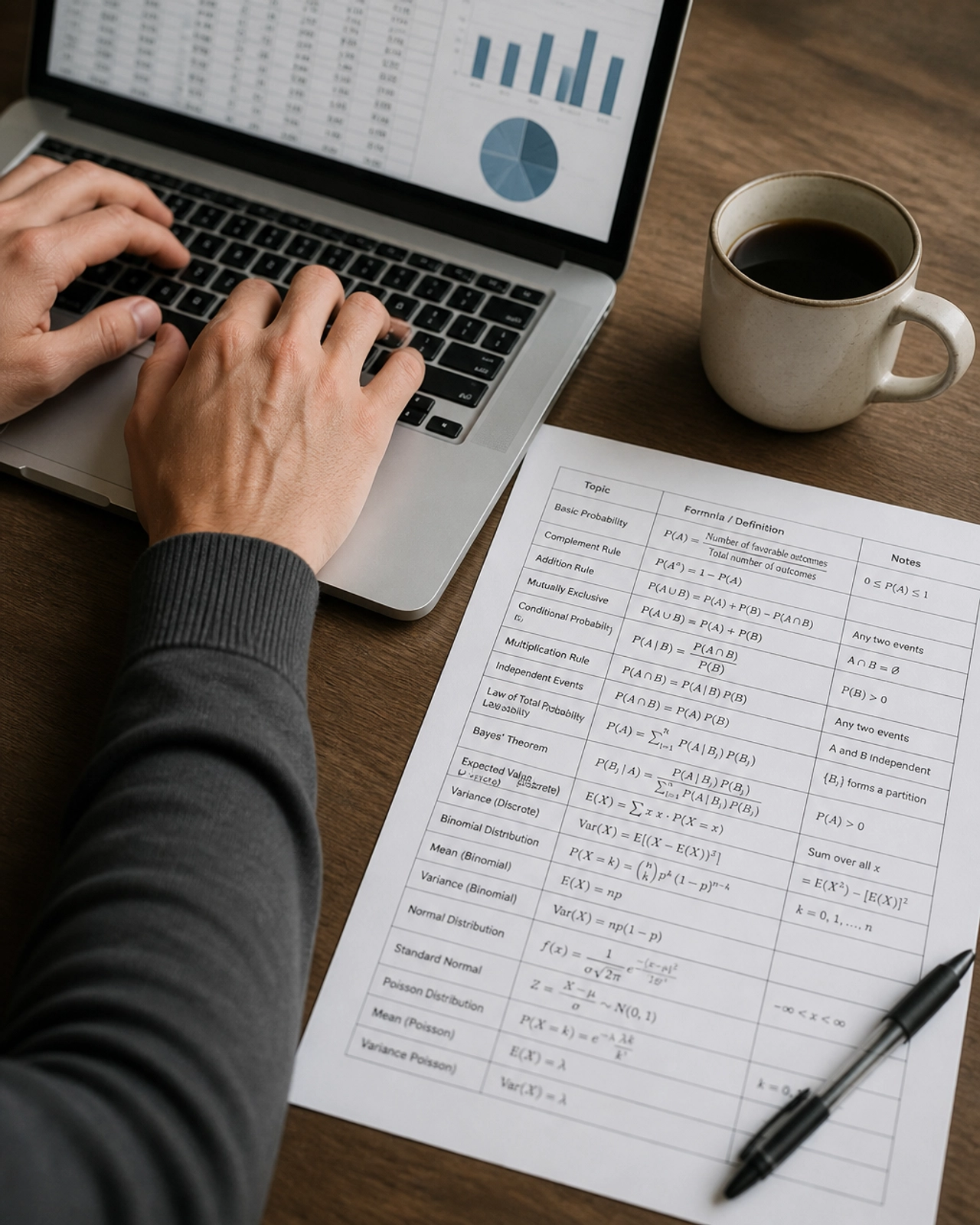 Hände an einem Laptop mit statistischen Tabellen und mathematischen Formeln